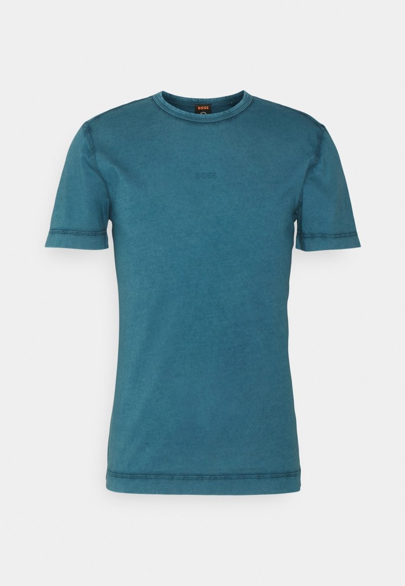 T-shirt bleu à manches courtes et col rond avec un logo "BOSS" subtilement brodé sur la poitrine et des détails cousus sur les manches et l'ourlet.