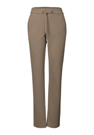 Brown sweatpants made of soft fabric, featuring an elastic waistband with a drawstring and side pockets. Straight-leg design.