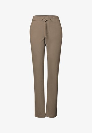 Pantalones de chándal marrones hechos de una tela suave, que cuentan con una cinturilla elástica con cordón y bolsillos laterales. Diseño de pierna recta.