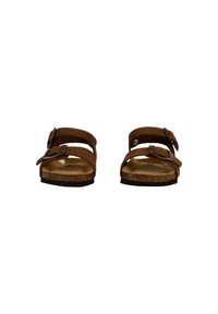 Sandali in pelle marrone con due cinturini regolabili, un plantare in sughero e una suola piatta in gomma nera. Inclusi fibbie e dettagli metallici.