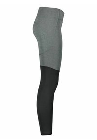 Leggings sportivi con una sezione superiore grigio melange e una sezione inferiore nera uniforme. Realizzati in tessuto elastico, con un design aderente e una cintura senza cuciture.