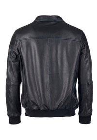 Svart läderjacka med en slät yta, ribbade ärmslut och nederkant samt en klassisk krage. Baksidan visar ett minimalt designmönster och sömmar.