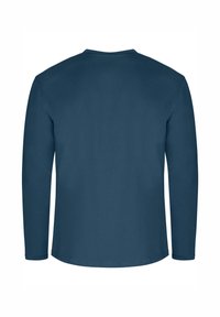 Langarmshirt in Dunkelblau, aus weichem Stoff. Hat einen runden Halsausschnitt und eine normale Passform, ohne sichtbare Muster oder Akzente.