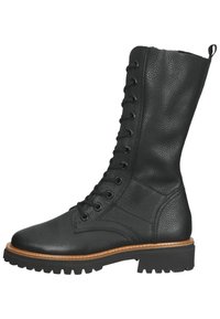 Botín negro de cuero hasta el tobillo con acabado texturizado, diseño de cordones, punta redonda y suela gruesa con relieves pronunciados.