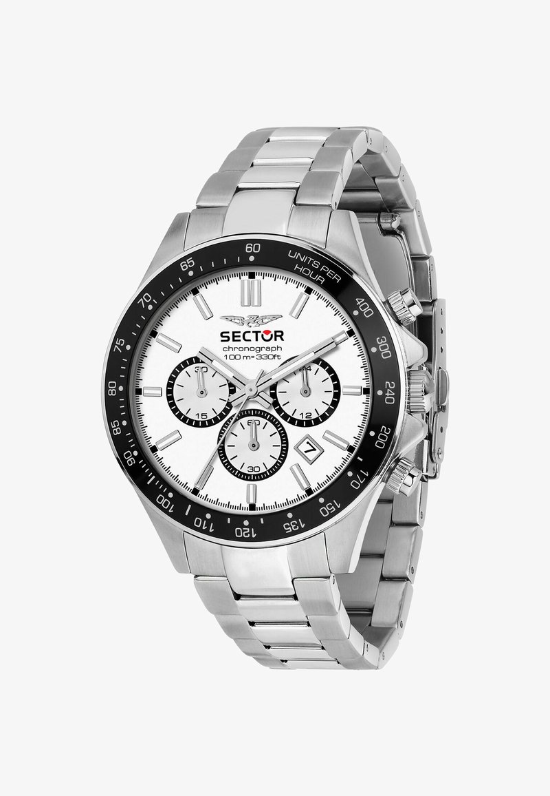 Orologio cronografo in acciaio inossidabile argentato con quadrante bianco, lunetta nera, tre sub-quadranti e finestra per la data. Presenta un bracciale in metallo.