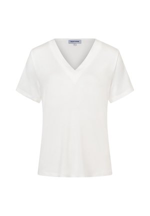 Weißes T-Shirt mit kurzen Ärmeln, V-Ausschnitt, geradem Saum und kleinem Markenlabel innen am Kragen.