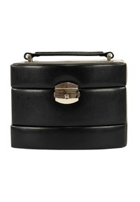 Schwarze Ledertasche in rechteckiger Form, ausgestattet mit einem silbernen Metallverschluss und einem Griff oben, zeigt eine strukturierte Oberfläche und ein elegantes Design.