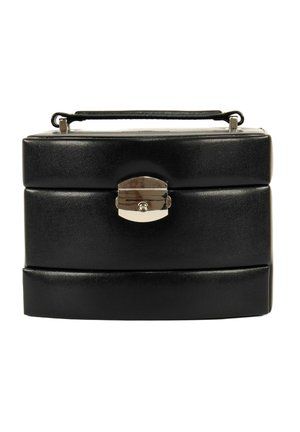 Black leather case with a rectangular shape, features a silver metal clasp and a top handle, showcasing textured surface and sleek design.