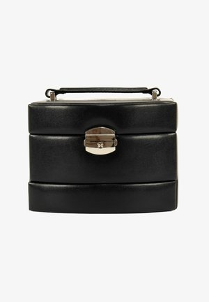 Black leather case with a rectangular shape, features a silver metal clasp and a top handle, showcasing textured surface and sleek design.