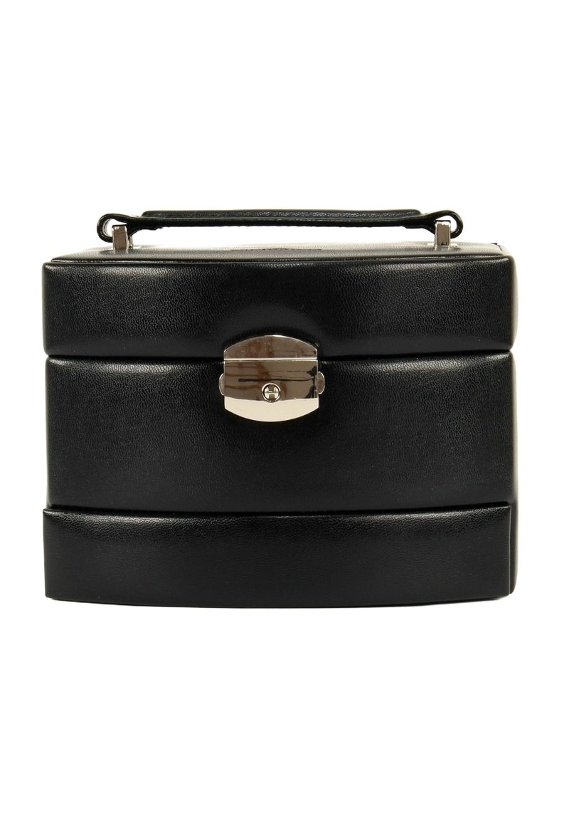 Schwarze Ledertasche in rechteckiger Form, ausgestattet mit einem silbernen Metallverschluss und einem Griff oben, zeigt eine strukturierte Oberfläche und ein elegantes Design.