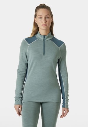 Langemouwen, half-zip top in licht-teal met textuurstof. Heeft contrasterende donker-teal accenten en witte stiksels langs de naden.