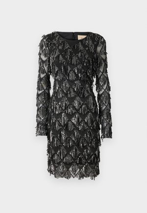 Black dress featuring long sleeves, diamond-shaped sequined pattern, and fringed detailing. Made from sheer fabric with a lined interior.