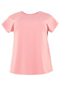 Camiseta de color rosa claro, de manga corta, hecha de una tela suave y elástica; escote redondo; presenta un pequeño logo en la parte superior izquierda del pecho.