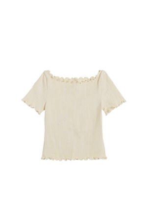 Off-the-shoulder cream top with short sleeves, featuring a ribbed texture and ruffled edges on cuffs and neckline. No patterns or accents.