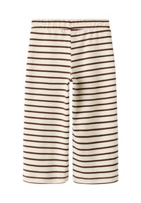 Gestreepte shorts in crème en donkerbruin. Zacht katoenmateriaal. Elastische tailleband. Recht gesneden benen met een eenvoudige zoomafwerking.