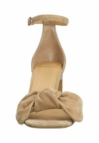 Beige high heelsandalen met een geknoopte suede voorkant, een enkelbandje, een open te ontwerp en een soepele, ronde hak. Merknaam: MANFIELD.