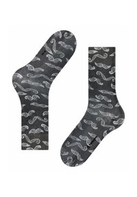 Graue Socken mit einem wiederholten weißen Schnurrbartmuster. Weicher Stoff mit glatter Textur. Knöchellanges Design mit abgerundeter Spitze.