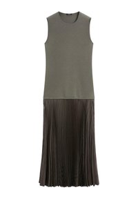 Ärmelloses Kleid mit einem taillierten olivgrünen Oberteil und einem gefältelten dunkelbraunen Rock, der einen schönen Stoffkontrast und vertikale Textur zeigt.