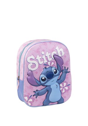 Small pink and purple backpack with a large graphic of Stitch from Disney and the word "Stitch" in white letters.