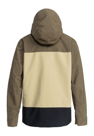 Hooded jacket made of water-resistant fabric; features a beige upper, brown shoulder area, and a black lower section with a smooth texture.
