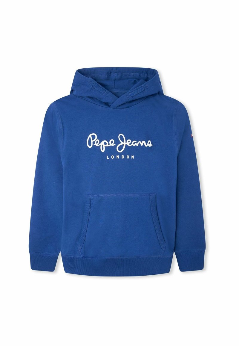 Sweat à capuche en coton bleu avec poche kangourou à l'avant et texte du logo blanc "Pepe Jeans London" sur la poitrine.