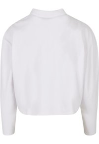 Weißer cropped Sweatshirt mit langen Ärmeln, einem Kragenhalsausschnitt und einer glatten Textur. Keine sichtbaren Drucke oder Hardware-Details.