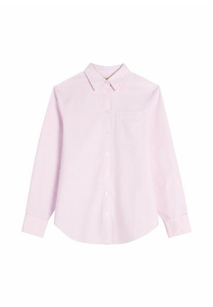 Koszula na guziki z długim rękawem w cienkie pionowe paski w kolorze jasnoróżowym i białym, z ostrokątnym kołnierzem i kieszenią na piersi.