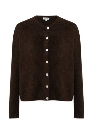 Bruin gebreide cardigan met een ronde halslijn, lange mouwen en zes witte knopen aan de voorkant voor sluiting. Zachte textuur en casual ontwerp.