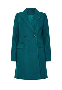Cappotto doppiopetto color teal con grandi bottoni neri, revers a dentello e due tasche anteriori, realizzato in un tessuto liscio e con una vestibilità su misura.