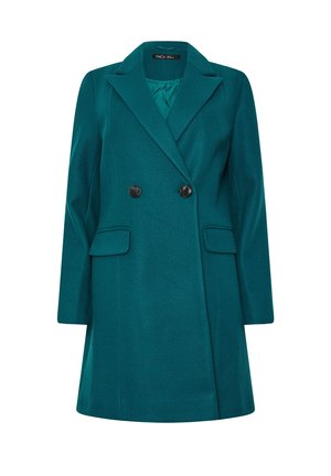 Cappotto doppiopetto color teal con grandi bottoni neri, revers a dentello e due tasche anteriori, realizzato in un tessuto liscio e con una vestibilità su misura.
