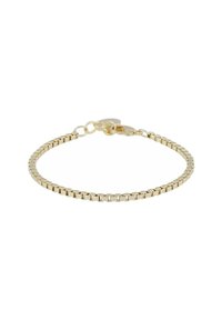 Armbandet i guldfärgad metall har en länkdesign med fyrkantiga former och en låsning. En slät yta med polerad finish.