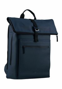 Zaino blu navy con design a roll-top, dotato di tasca frontale con zip, spallacci regolabili e una superficie liscia e opaca.