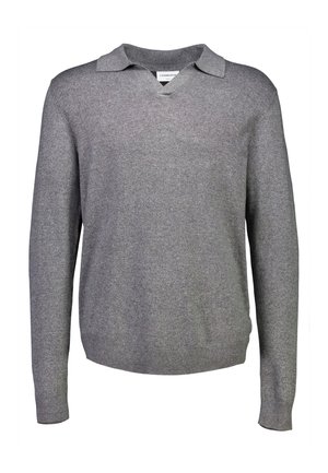 Suéter gris de cuello en V con cuello, que cuenta con mangas largas y un dobladillo acanalado. Hecho de una tela suave con una textura lisa.