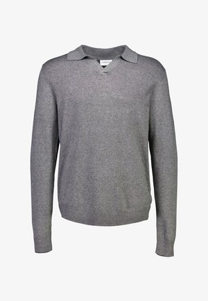 Suéter gris de cuello en V con cuello, que cuenta con mangas largas y un dobladillo acanalado. Hecho de una tela suave con una textura lisa.