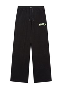 Zwarte fluwelen joggingbroek met een losse pasvorm, voorzien van een trekkoord in de taille en groene geborduurde "JUICY" tekst op de linkerheup.