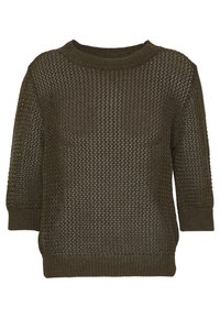 Gebreide trui in olijfgroen met een losse pasvorm, ronde halslijn en driekwart mouwen. Textuurpatroon met geribde manchetten en zoom.