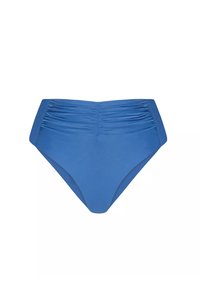 Błękitne majtki bikini o wysokim stanie, wykonane z gładkiego materiału, z marszczonymi detalami z przodu, o umiarkowanym kryciu i eleganckim fasonie.