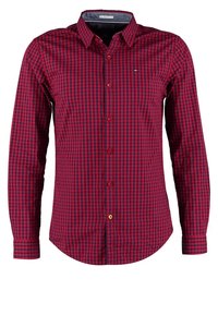 Rood en marineblauw geblokt overhemd met lange mouwen, knoopsluiting, kraag en klein logo op de linker borst.