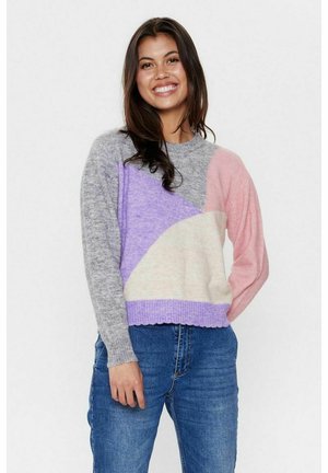 Multicolored sweater featuring gray, lavender, pink, and cream panels. Soft texture, ribbed hem, and long sleeves. Casual fit.