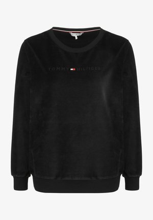 Felpa nera in velour con maniche lunghe, colletto e polsini a costine. Caratterizzata dal logo