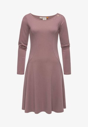 Pikkade varrukatega kleit pehmes mauve kangas, millel on ümmargune kaelus, laienev seelik ja peened külgõmblused. Lihtne disain minimaalsete aksessuaaridega.