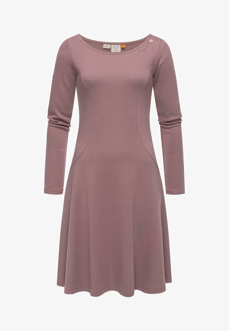 Robe à manches longues en tissu mauve doux, avec un col rond, une jupe évasée et de subtils détails sur les coutures latérales. Design simple avec des accents minimaux.