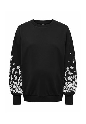 Sweat-shirt noir à manches longues avec motifs floraux blancs sur le bas des manches, poignets côtelés et col rond.