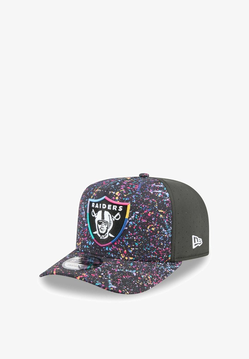 Black cap with a colorful speckled pattern. Features a Raiders logo on the front, a flat brim, and a perforated black side panel.