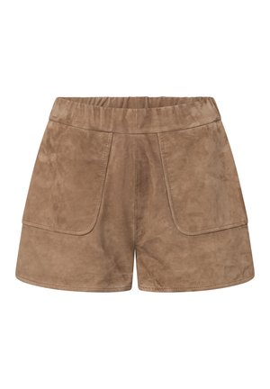 Pantaloni corti in suede marrone con cintura elastica, dotati di due tasche frontali e una texture liscia. Design semplice e svasato.