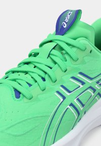 Zapatilla deportiva verde con parte superior de malla texturizada, con acentos azules y logo blanco, sujeta por cordones planos. Punta redondeada y suela acolchada.