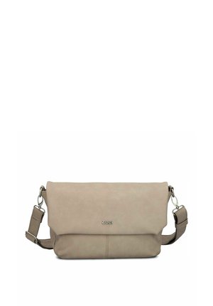Bolso bandolera beige con correa ajustable, cierre de solapa y logotipo metálico de la marca "zwei" centrado en el frente.