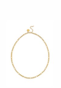 Collier en chaîne dorée comprenant des maillons à texture lisse, un fermoir rond avec un logo et une longueur ajustable pour un style polyvalent.