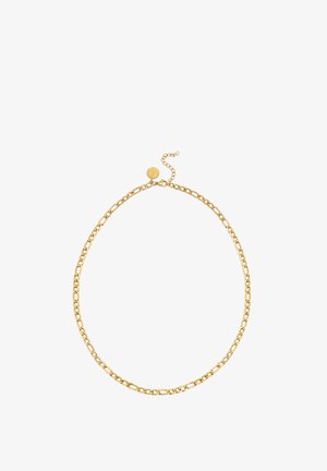 Złoty naszyjnik łańcuszkowy z ogniwami o gładkiej fakturze, okrągłym zapięciem z logo oraz regulowaną długością, co umożliwia różnorodne stylizacje.