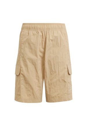 Shorts de cargo beige avec une taille élastique, poches latérales et une poche cargo sur la jambe gauche. Fabriqués à partir d'un tissu léger et texturé.